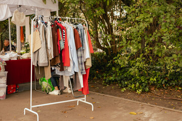 Flea market in Lisbon. Garage sale, reuse the clothes, second hand and eco consumer