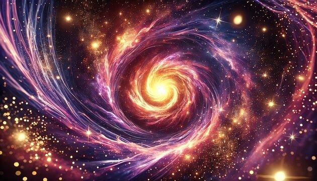 A mesmerizing, glowing cosmic vortex swirling in deep space, illuminated by radiant shades of purple, pink, and orange