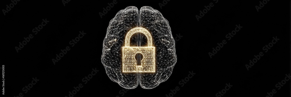 Poster concept of digital security represented by a wireframe brain encased in a glowing lock symbol, highl