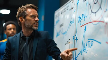 A coach pointing at a whiteboard with diagrams while addressing his team in blue uniforms