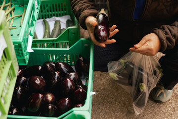 Close up of hand with a vegetables and greens in polyethylene bag on the local Farmers market....