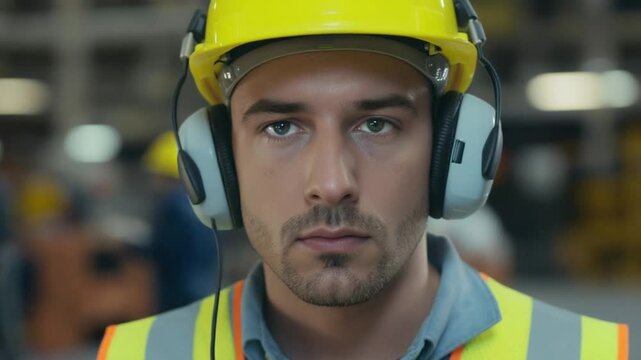 Focused portrait of a serious construction worker wearing a hard hat and ear protection in a warehouse.