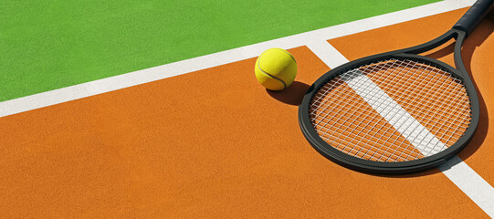 Tennis racket and yellow ball on clay court with bright green and orange surface, symbolizing...