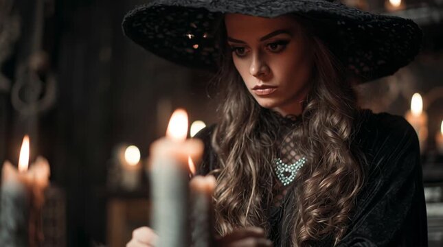 A woman in a witch hat lighting candles with a match in a dimly lit room creating a spooky atmosphere