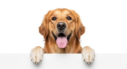 Happy Golden Retriever dog portrait holding blank banner isolated PNG with Transparent Background