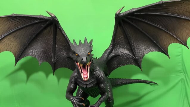 a majestic black dragon figure roaring with glowing eyes on a green screen background