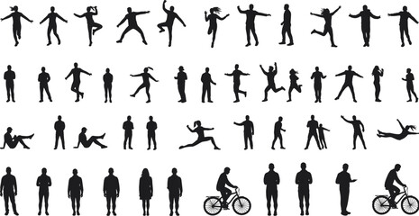 Large collection of diverse human silhouettes, showcasing various active and static poses including jumping, running, cycling, standing, and more, ideal for dynamic design projects.