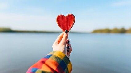 A person in a colorful shirt holds a textured red heart against a serene blue lake and sky, symbolizing love for nature