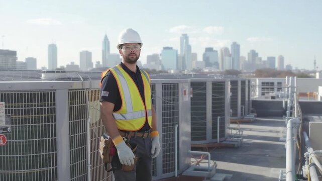 A male HVAC technician in a hard hat and safety vest stands on a rooftop next to air conditioning units with a city skyline in the background.