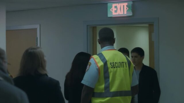 A security guard in a yellow vest monitors people walking through a doorway under an illuminated red exit sign.
