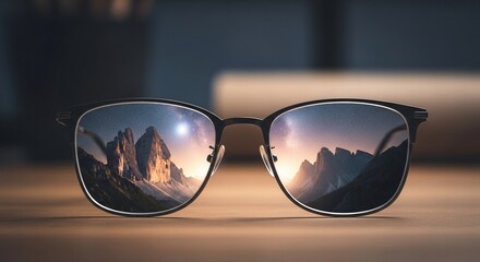 Glasses Reflecting Majestic Mountain Landscape Under Starry Night Sky