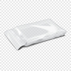 Lying clear plastic pillow pouch with zip lock. Realistic vector mock-up. Empty transparent zipper poly bag. 3d mockup. Glossy vinyl envelope sleeve resealable package. Template for design