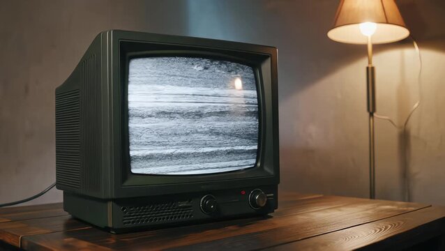old retro television with static noise interference then green screen on a table - Powered by Adobe