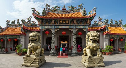 Obraz premium Traditional Chinese Temple Entrance with Stone Lion Statues and Red Lanterns