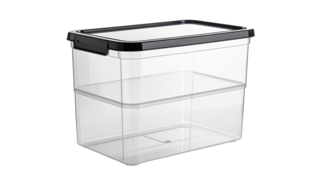 Clear storage container with a lid, ideal for organizing various items in home or office settings. Features a robust plastic design and transparent walls for easy visibility