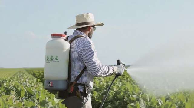 Farmer in a hat sprays crops with a backpack sprayer in a vast green field under a clear sky.