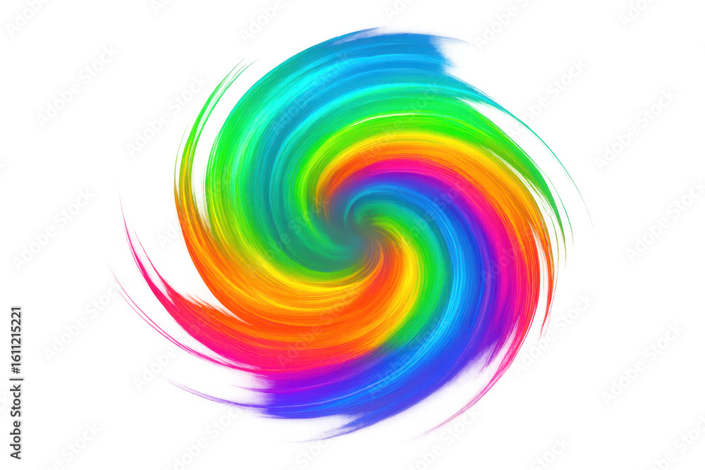 Poster rainbow brush stroke swirling dynamically, forming colorful vortex pattern with fluid motion against