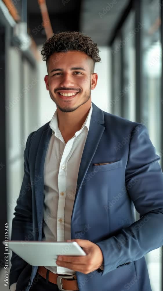 Poster smiling man in formal attire with digital device.