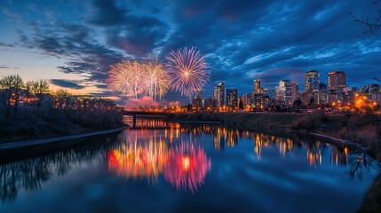Fototapeta premium Stunning fireworks over a city skyline reflected in a river.