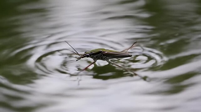 Water strider resting on water's surface, creating ripples around it
