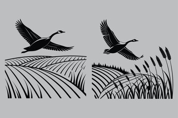 Goose Flying Over Cornfield at Sunset silhouette vector design art and illustration
