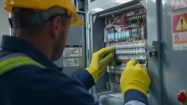 An electrician wearing a hard hat and yellow gloves works on an intricate electrical panel with numerous wires and components.