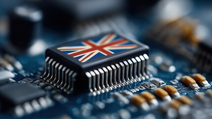 British-flagged microprocessor sits prominently on intricate blue electronic circuit board assembly