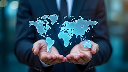 Executive with world map data flow visualization