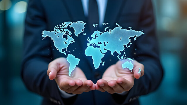 Executive with world map data flow visualization