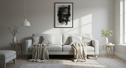 Modern Minimalist Living Room Interior with Sofa and Abstract Art