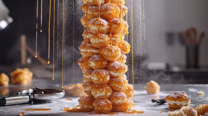 Pastry tower construction of elegant cream puffs with golden caramel drizzle and powdered sugar dusting in premium restaurant kitchen