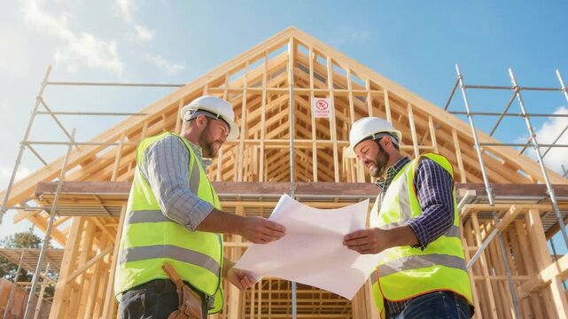 Two construction workers reviewing blueprints for a new wooden framed house under construction.