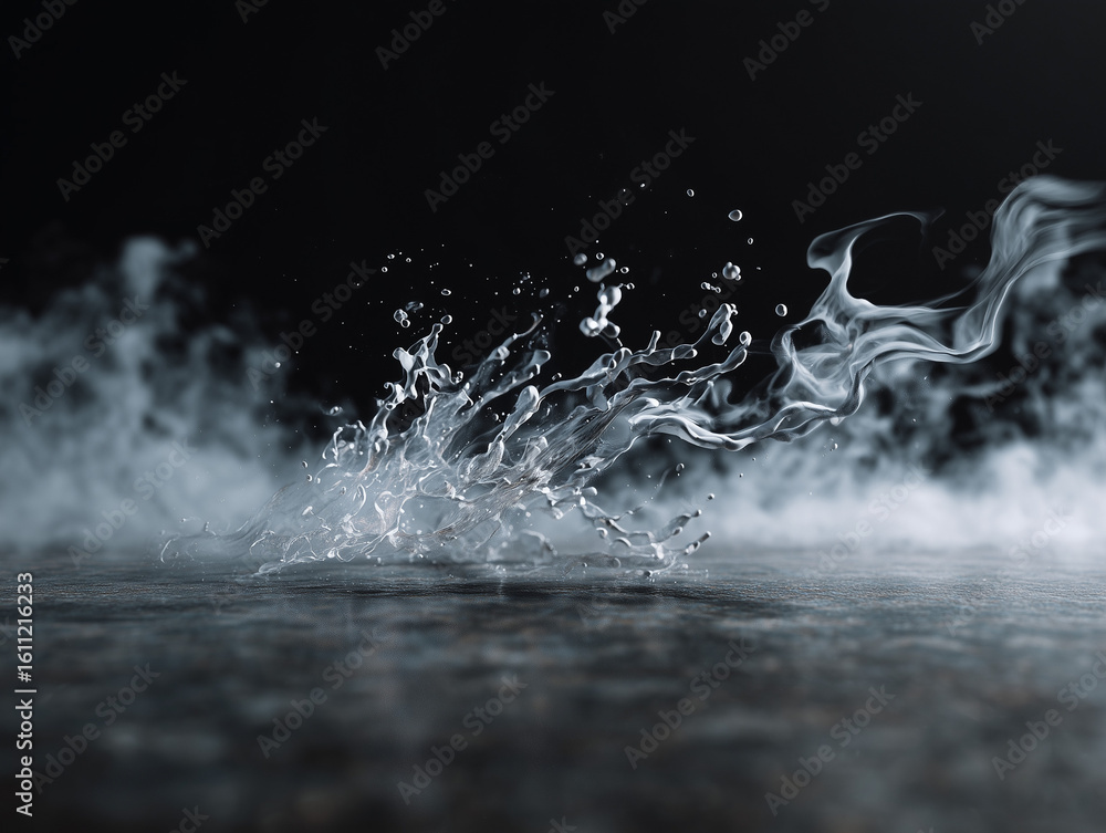 Poster dynamic water splash with vapor effect, perfect for product showcasing and abstract design