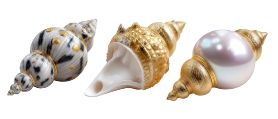 Elegant collection of decorative seashells with intricate designs and golden accents