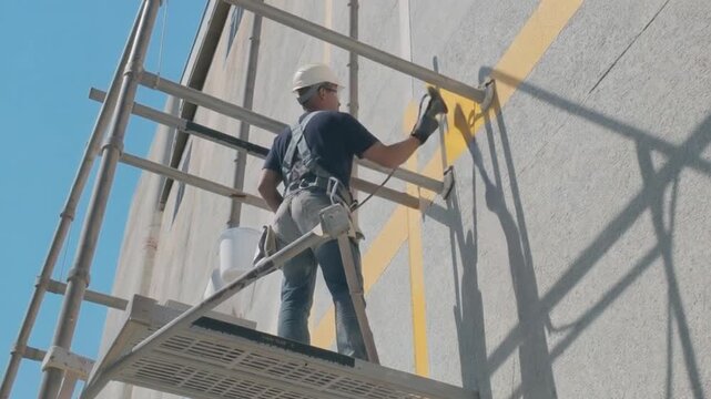 Construction worker painting a building exterior on a scaffolding.