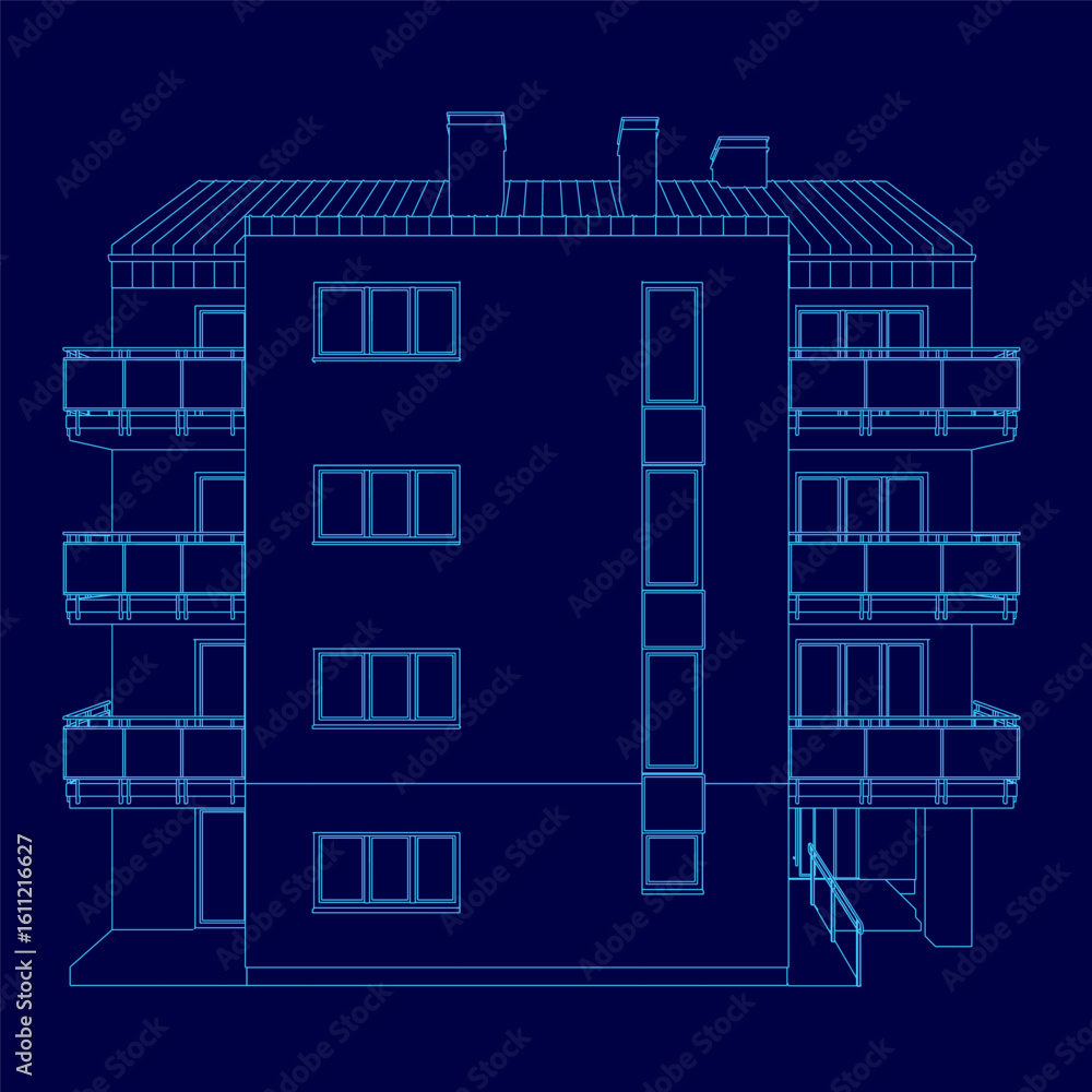 Poster blueprint of a modern apartment building with multiple windows and balconies, featuring clean lines 