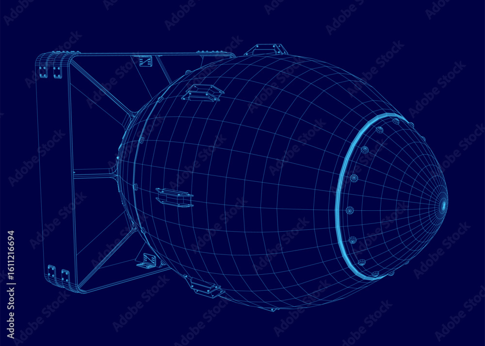 Poster a 3d wireframe model of an atomic bomb on a solid blue background, showcasing intricate details and 