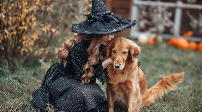 A girl in a witch costume hugging a golden retriever dog outdoors during the halloween season time