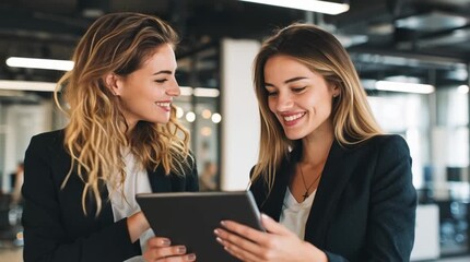 Two businesswomen in suits looking at a tablet in a modern office environment with neutral colors - Powered by Adobe