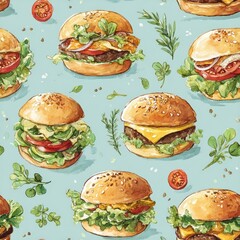 Watercolor Illustration Of Delicious Burgers And Herbs Forming A Fun Food Pattern Seamlessly