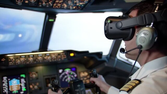Pilot using virtual reality headset in flight simulator cockpit  