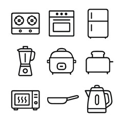 Black line icon set isolated on white background – kitchen appliances and cooking tools