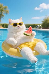 White cat wearing sunglasses and shorts, floating on an inflatable ring in a pool while holding a watermelon slice.