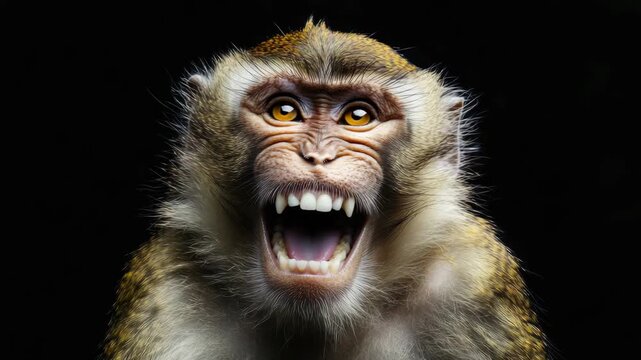 Monkey with wide-open mouth, revealing teeth and expressing a strong emotion. Up close for detailed facial features.