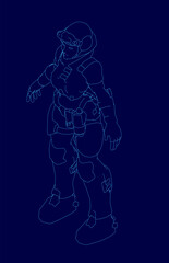A determined astronaut in a blue space suit stands ready for action, set against a dark blue background. The high-definition line drawing features a detailed helmet and modern military equipment.