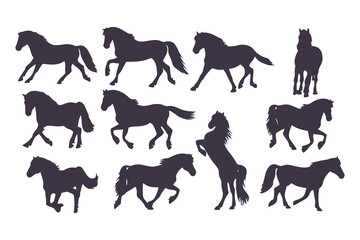Set of Horse Silhouettes Vector Illustration, Collection of Running and Standing Horses, Black Animal Icons Isolated on White Background
