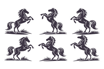 Set of Horse Silhouettes Vector Illustration, Collection of Running and Standing Horses, Black Animal Icons Isolated on White Background