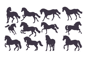 Set of Horse Silhouettes Vector Illustration, Collection of Running and Standing Horses, Black Animal Icons Isolated on White Background