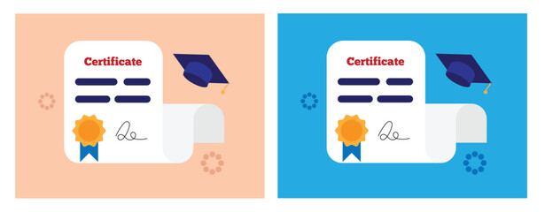 Course Completion Certificate with Graduation Hat Flat Style Different Colors. Education and obtaining knowledge, skill or degree vector art