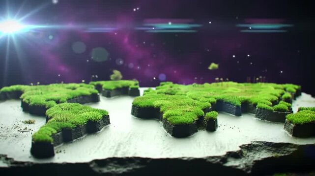 A 3D green flat earth map model with moss on a white surface against a vibrant purple and black space background with a bright light beam